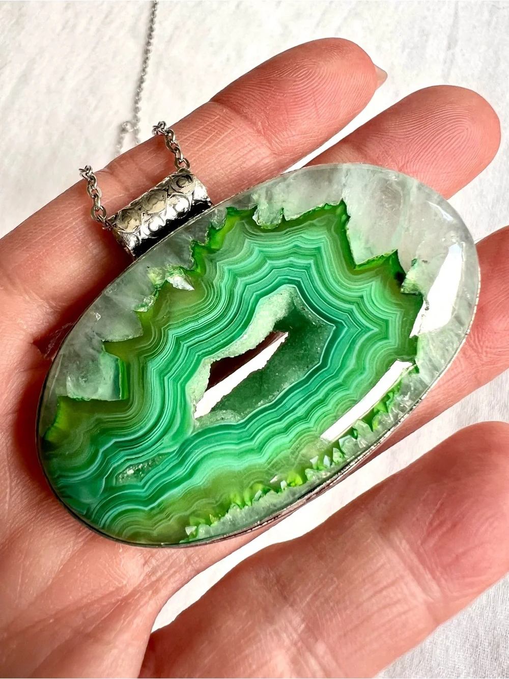 925 Micro Quartz Crystals + Bright Green Banded Agate Solar Pendant Necklace